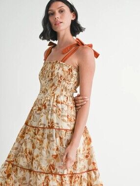 Jacquie The Label Gaia Donna Smocked Tiered Midi Dress Floral Rust Size S